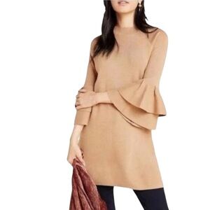 Anthropologie Claudette Tan Metallic Ruffle Sleeve Sweater Knit Mini Dress - L